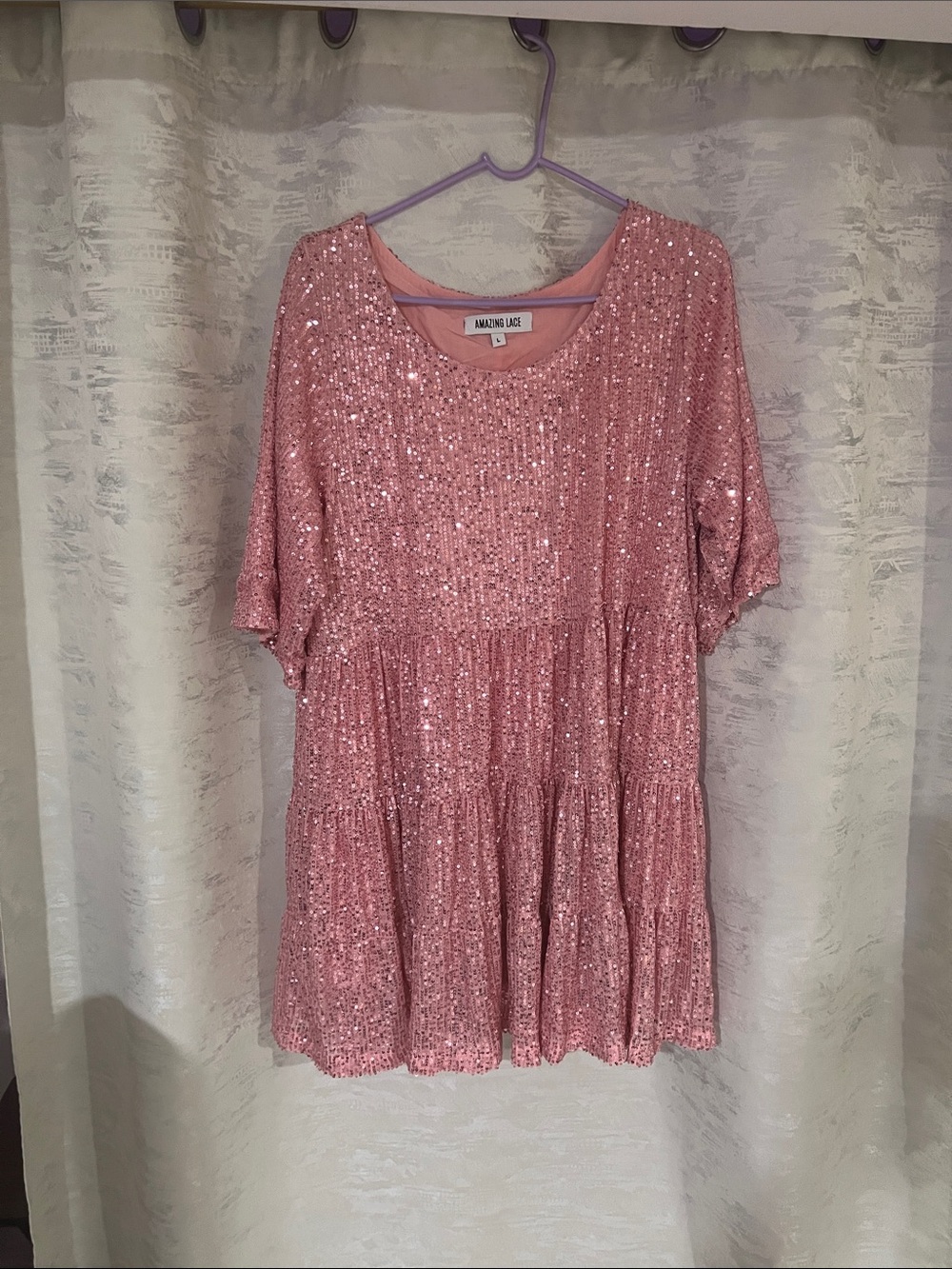 Amazing Lace Rose Pink Sequin Tiered Party Dress